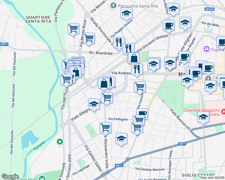 map of restaurants, bars, coffee shops, grocery stores, and more near 28 Via Agogna in Novara