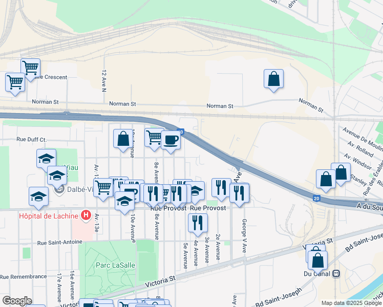 map of restaurants, bars, coffee shops, grocery stores, and more near 450 Rue Sherbrooke in Montréal