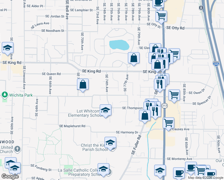 map of restaurants, bars, coffee shops, grocery stores, and more near 7441 Southeast Jack Street in Milwaukie