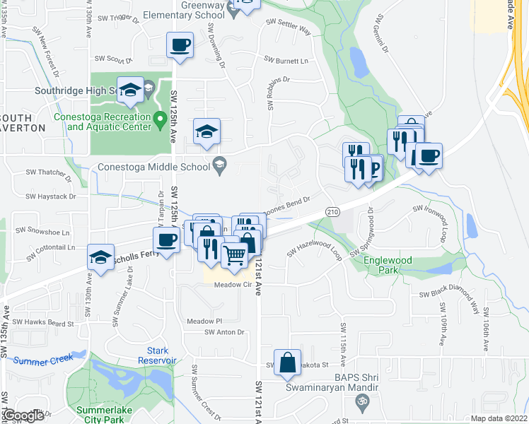 map of restaurants, bars, coffee shops, grocery stores, and more near 10353 Southwest Trapper Terrace in Beaverton