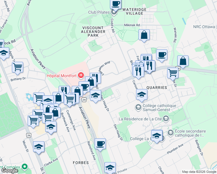 map of restaurants, bars, coffee shops, grocery stores, and more near 799 Montréal Road in Ottawa