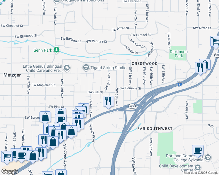 map of restaurants, bars, coffee shops, grocery stores, and more near 11424 Southwest 66th Avenue in Portland
