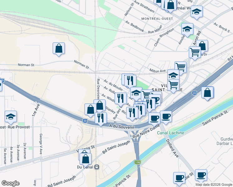 map of restaurants, bars, coffee shops, grocery stores, and more near 47 Avenue Rolland in Montreal