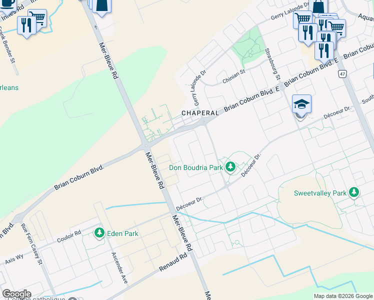 map of restaurants, bars, coffee shops, grocery stores, and more near 23 Stickleback Way in Ottawa