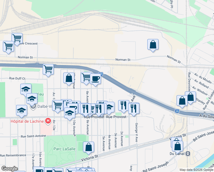 map of restaurants, bars, coffee shops, grocery stores, and more near 450 Rue Sherbrooke in Montréal