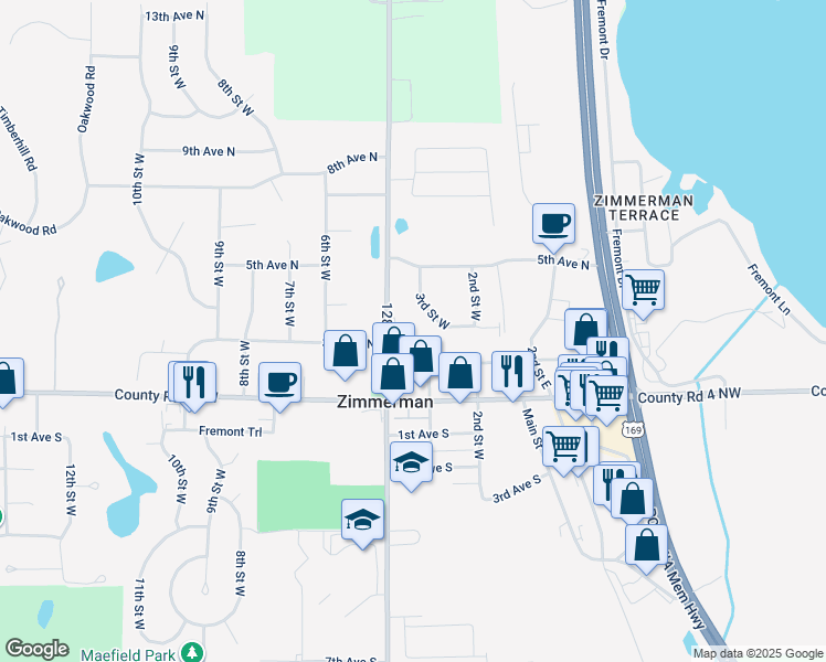 map of restaurants, bars, coffee shops, grocery stores, and more near 26210 3rd Street West in Zimmerman