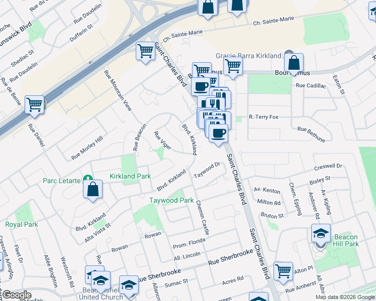 map of restaurants, bars, coffee shops, grocery stores, and more near 3 Rue Viger in Kirkland