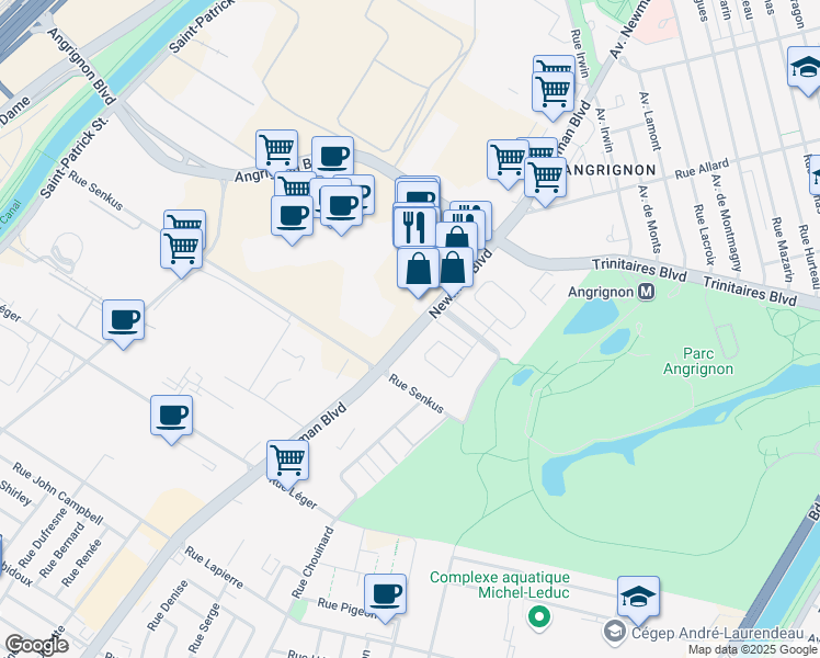 map of restaurants, bars, coffee shops, grocery stores, and more near 7091 Boulevard Newman in Montréal