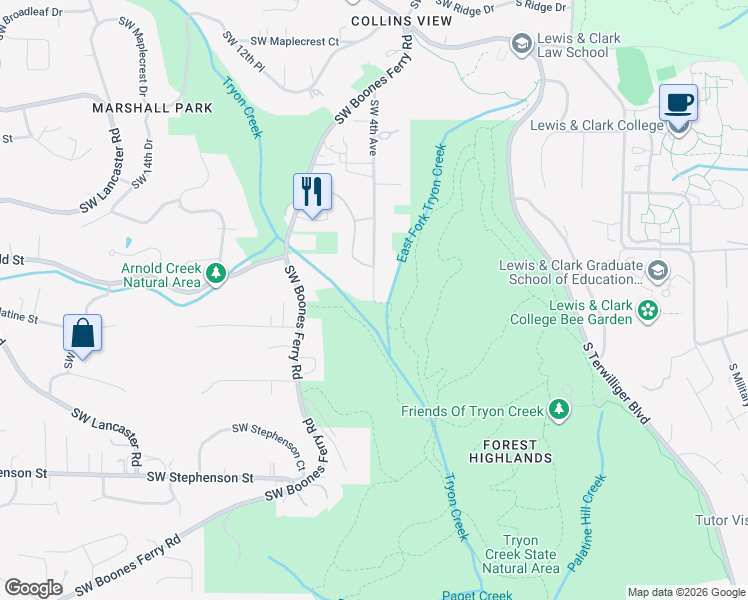 map of restaurants, bars, coffee shops, grocery stores, and more near 13650 Southwest 4th Avenue in Portland