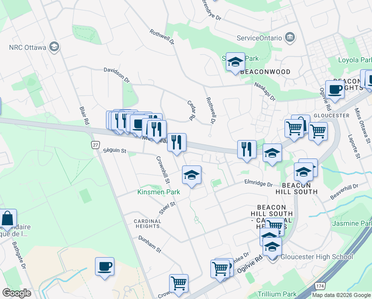map of restaurants, bars, coffee shops, grocery stores, and more near 51 Sumac Street in Ottawa