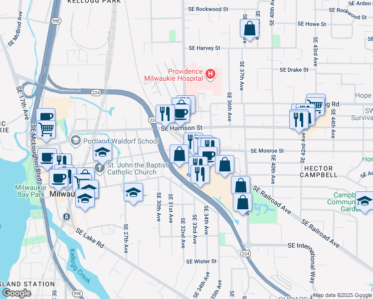 map of restaurants, bars, coffee shops, grocery stores, and more near 10801 Southeast Myrtle Street in Milwaukie