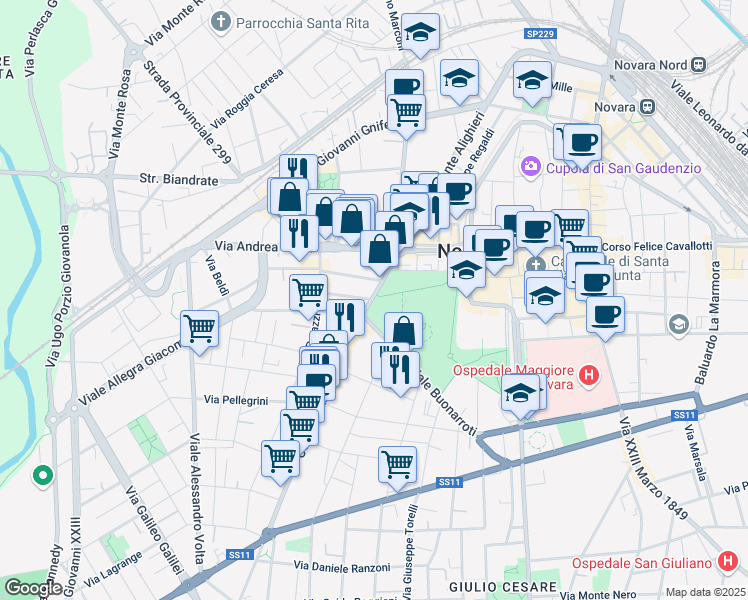 map of restaurants, bars, coffee shops, grocery stores, and more near 4 Via Giulio Biglieri in Novara