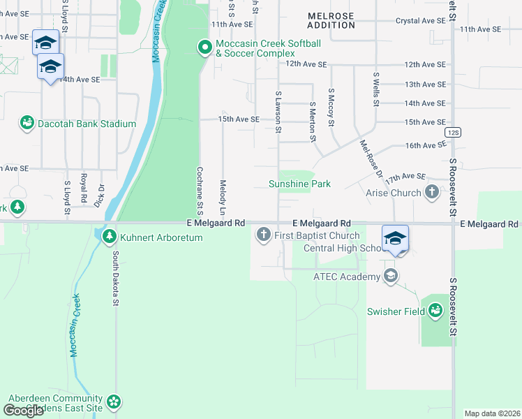 map of restaurants, bars, coffee shops, grocery stores, and more near 1505 East Melgaard Road in Aberdeen