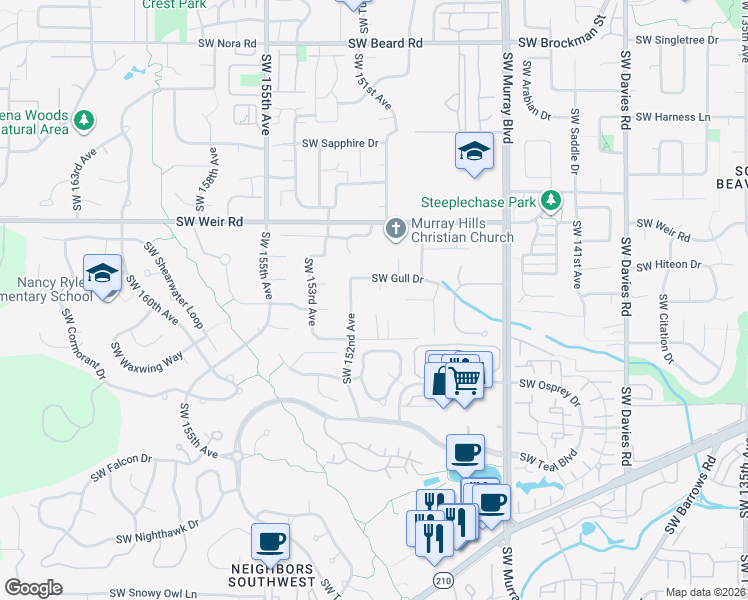 map of restaurants, bars, coffee shops, grocery stores, and more near 10275 Southwest Gull Place in Beaverton