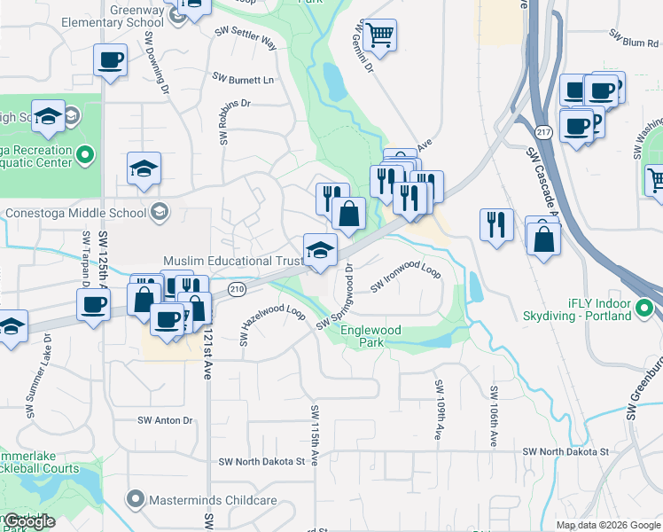 map of restaurants, bars, coffee shops, grocery stores, and more near 11257 Southwest Springwood Drive in Portland