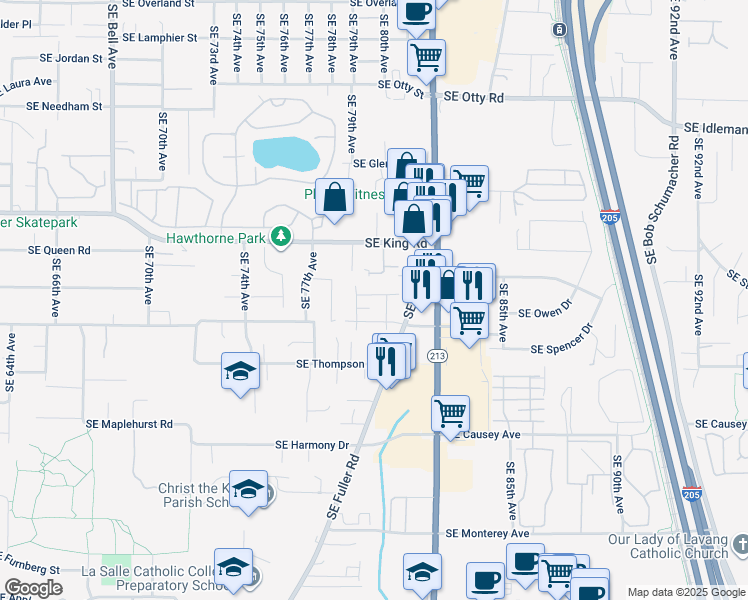 map of restaurants, bars, coffee shops, grocery stores, and more near 7953 Southeast Monroe Street in Portland