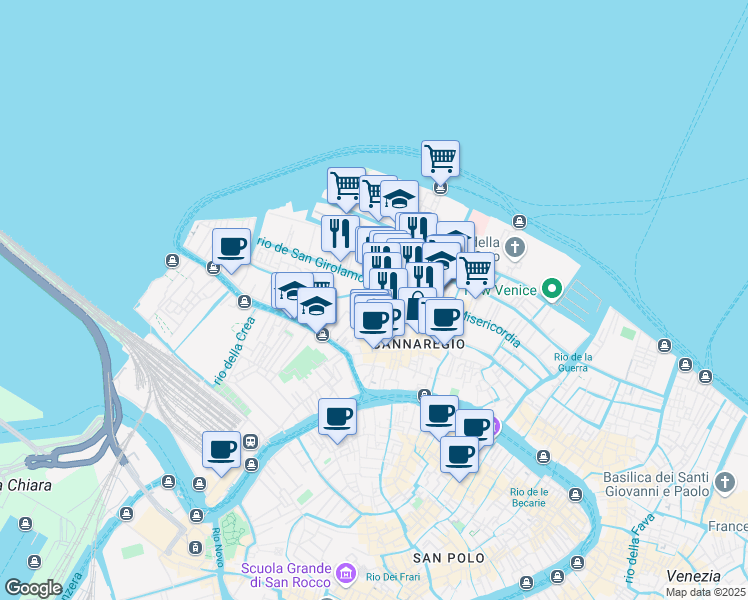 map of restaurants, bars, coffee shops, grocery stores, and more near 2904 Calle Farnese in Venezia