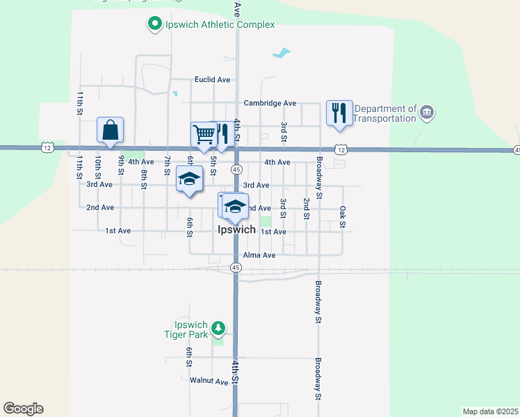 map of restaurants, bars, coffee shops, grocery stores, and more near Main Street in Ipswich