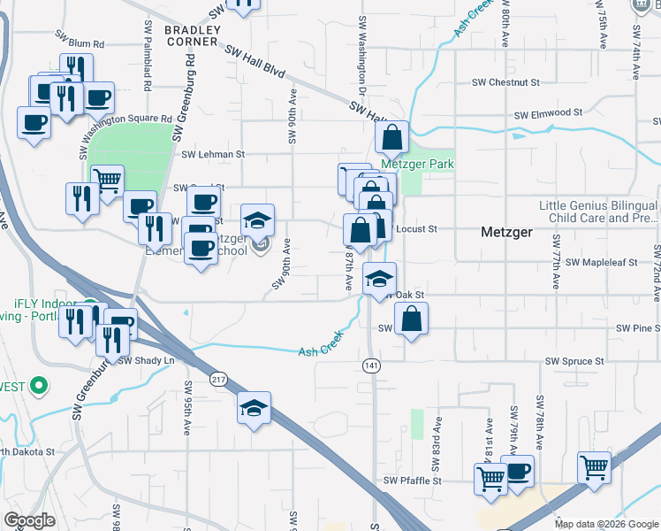 map of restaurants, bars, coffee shops, grocery stores, and more near 10313 Southwest 87th Avenue in Tigard