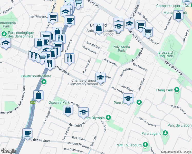 map of restaurants, bars, coffee shops, grocery stores, and more near 8135 Rue Nevada in Brossard