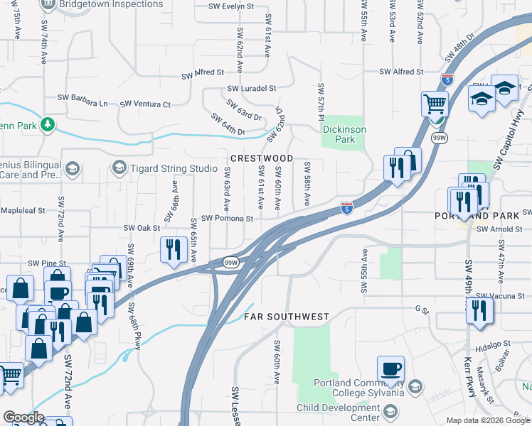 map of restaurants, bars, coffee shops, grocery stores, and more near 11074 Southwest 61st Avenue in Portland