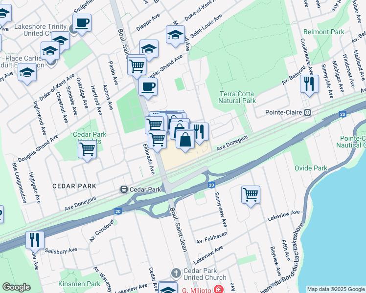 map of restaurants, bars, coffee shops, grocery stores, and more near 265A Boulevard Saint-Jean in Pointe-Claire