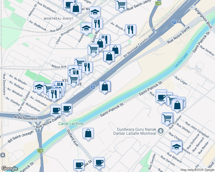 map of restaurants, bars, coffee shops, grocery stores, and more near in Montreal