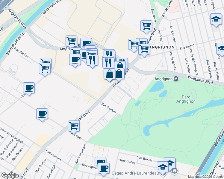 map of restaurants, bars, coffee shops, grocery stores, and more near 7070 Newman Boulevard in Montreal
