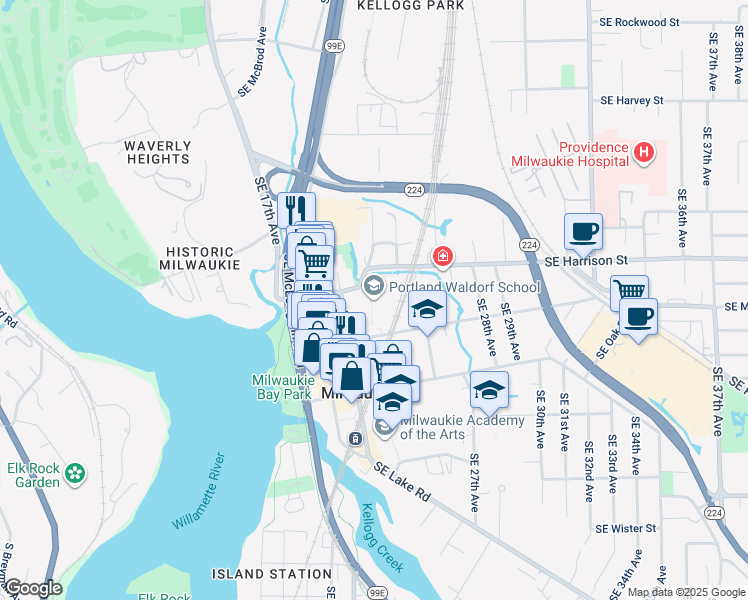 map of restaurants, bars, coffee shops, grocery stores, and more near 2300 Southeast Harrison Street in Milwaukie