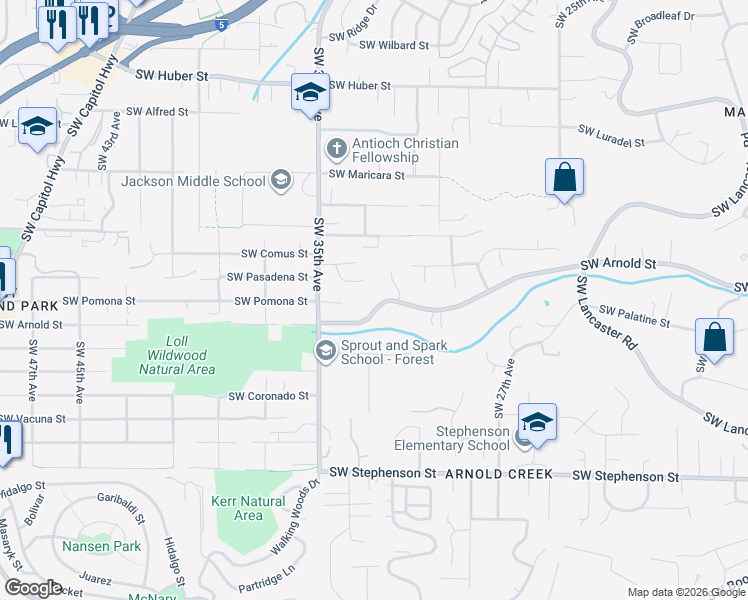 map of restaurants, bars, coffee shops, grocery stores, and more near 3217 Southwest Arnold Street in Portland