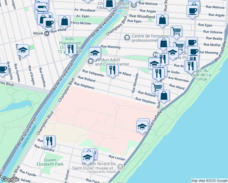 map of restaurants, bars, coffee shops, grocery stores, and more near 1283 Rue Stephens in Montréal