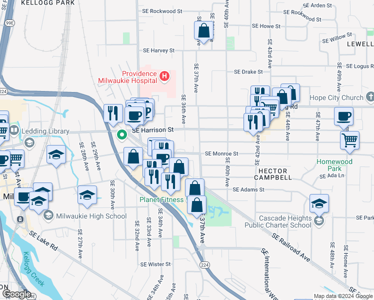 map of restaurants, bars, coffee shops, grocery stores, and more near 10695 Southeast 37th Avenue in Milwaukie