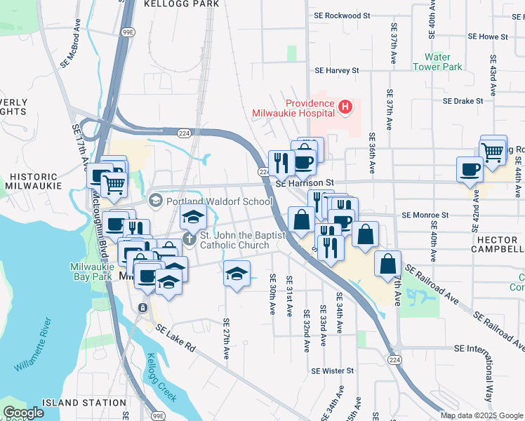 map of restaurants, bars, coffee shops, grocery stores, and more near 2959 Southeast Monroe Street in Milwaukie