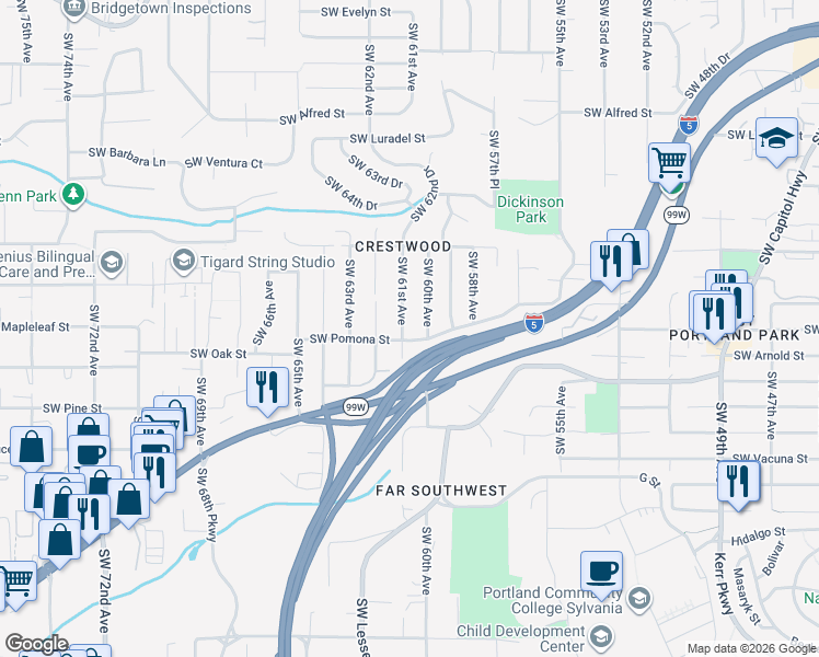 map of restaurants, bars, coffee shops, grocery stores, and more near 11037 Southwest 60th Avenue in Portland