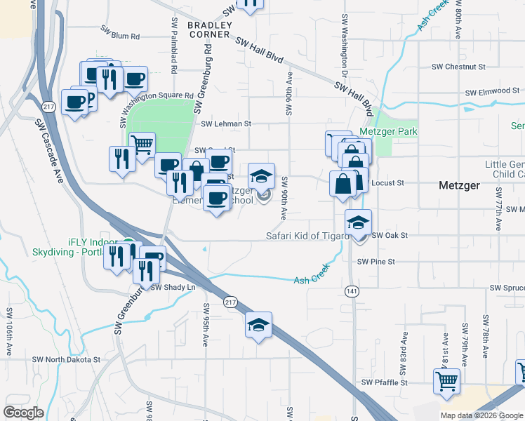 map of restaurants, bars, coffee shops, grocery stores, and more near 10350 Lincoln Street in Tigard