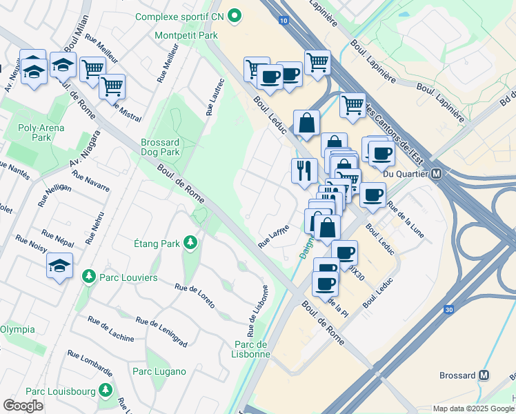 map of restaurants, bars, coffee shops, grocery stores, and more near 7750 Rue Lebourg in Brossard