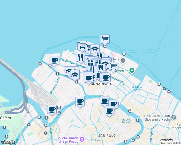 map of restaurants, bars, coffee shops, grocery stores, and more near 2904 Calle Farnese in Venezia