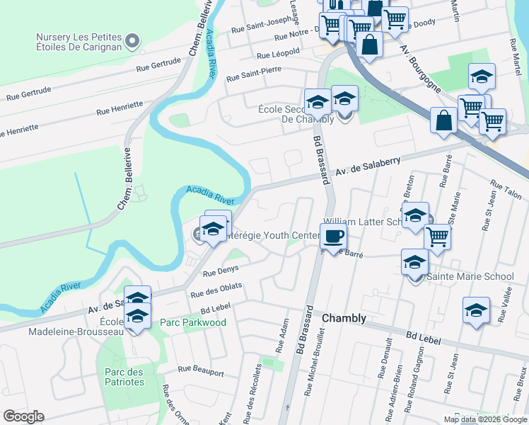 map of restaurants, bars, coffee shops, grocery stores, and more near 1334 Avenue de Salaberry in Chambly
