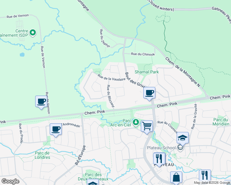 map of restaurants, bars, coffee shops, grocery stores, and more near Rue du Joran in Gatineau
