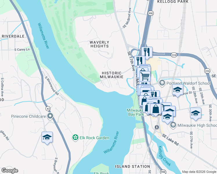 map of restaurants, bars, coffee shops, grocery stores, and more near 1334 Southeast Lava Drive in Milwaukie