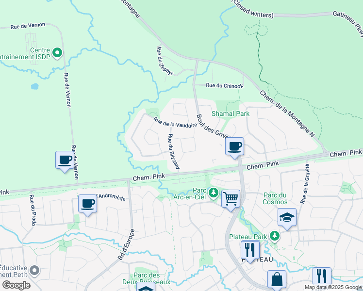 map of restaurants, bars, coffee shops, grocery stores, and more near Rue du Joran in Gatineau