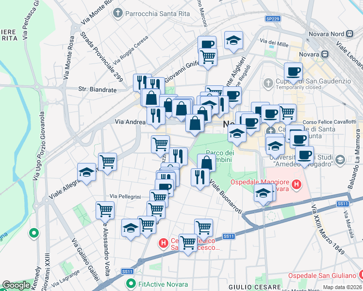 map of restaurants, bars, coffee shops, grocery stores, and more near 8 Via Santorre di Santarosa in Novara