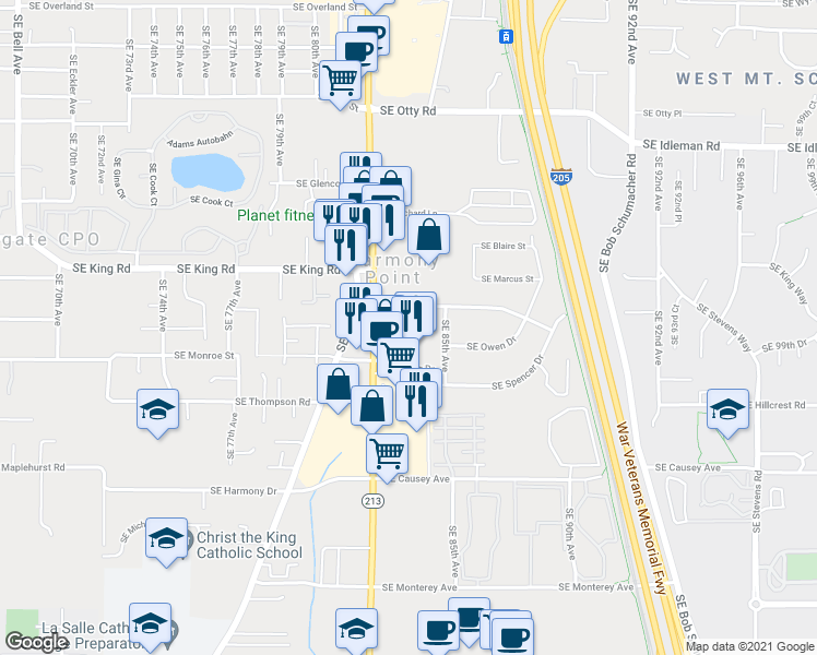 map of restaurants, bars, coffee shops, grocery stores, and more near 10730 Southeast 82nd Avenue in Happy Valley