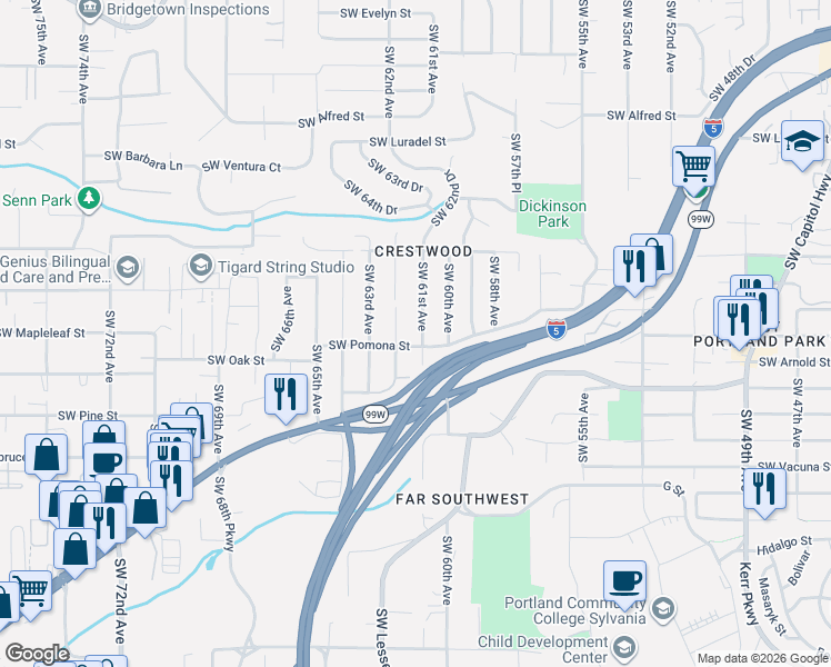 map of restaurants, bars, coffee shops, grocery stores, and more near 11073 Southwest 61st Avenue in Portland
