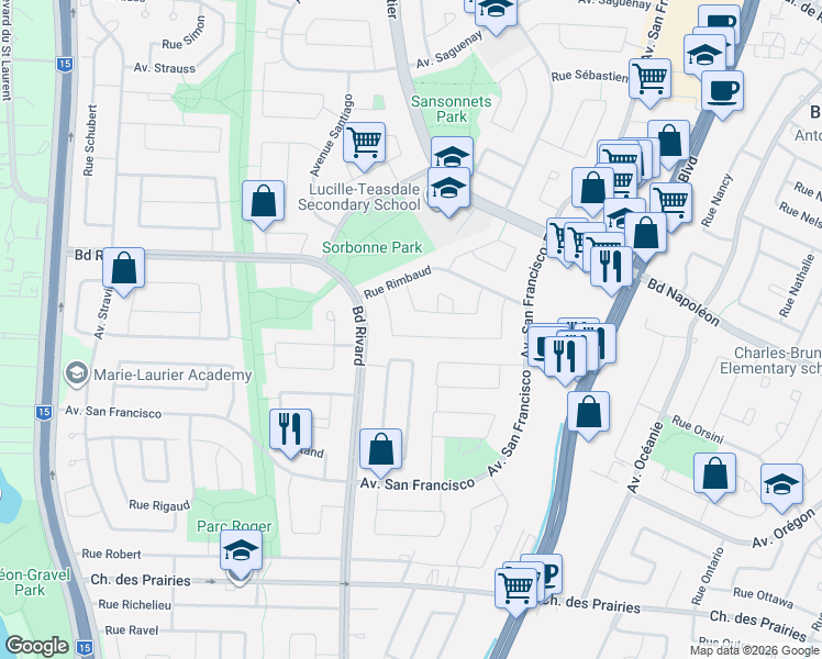 map of restaurants, bars, coffee shops, grocery stores, and more near 8255 Rue Renard in Brossard