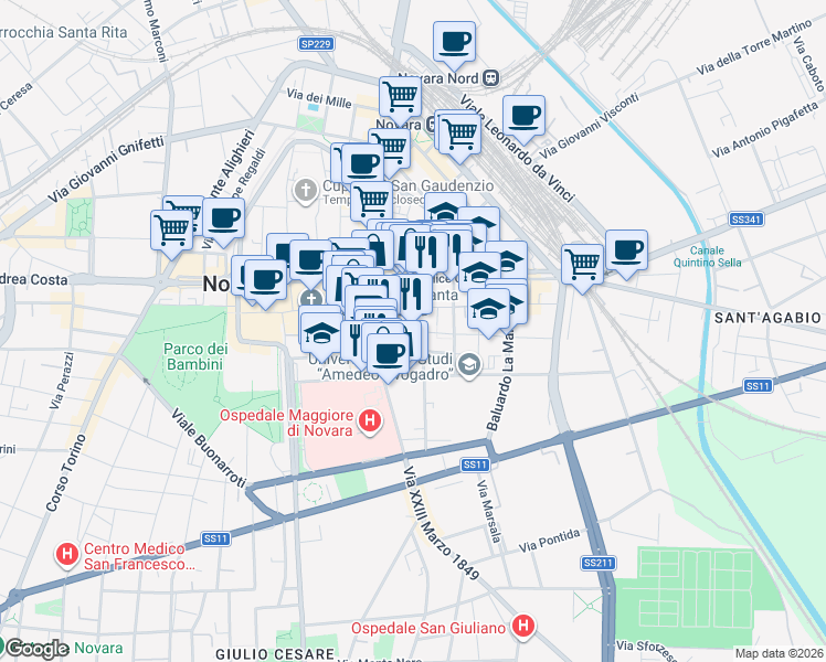 map of restaurants, bars, coffee shops, grocery stores, and more near 7 Via dei Tornielli in Novara