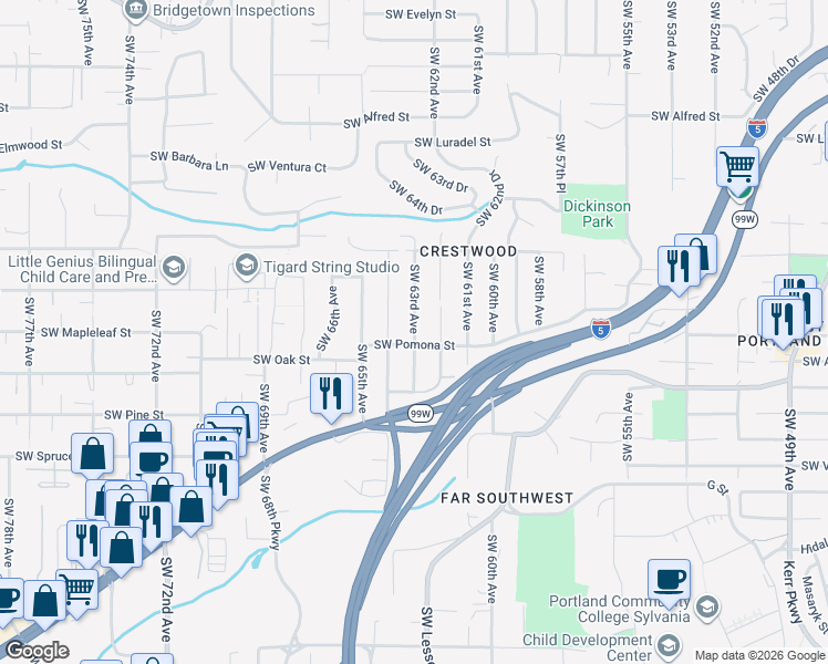 map of restaurants, bars, coffee shops, grocery stores, and more near Southwest 63rd Avenue in Portland