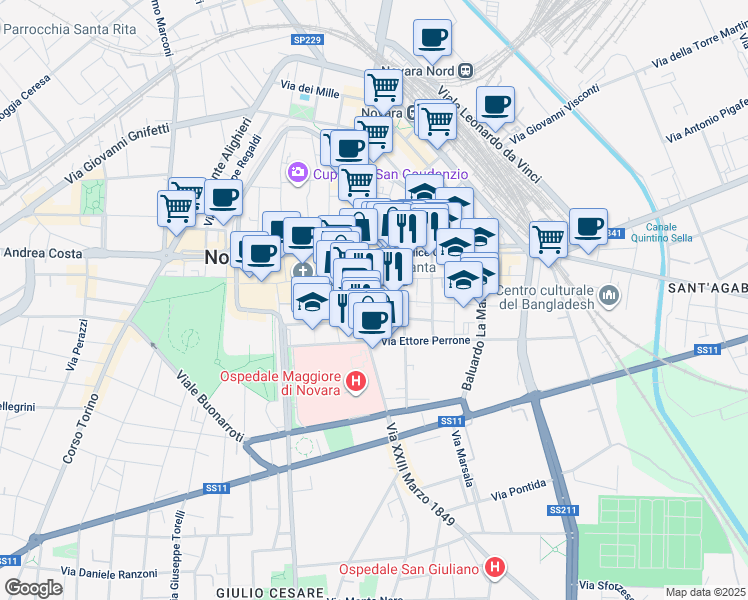 map of restaurants, bars, coffee shops, grocery stores, and more near 2 Via dei Tornielli in Novara