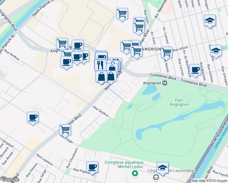map of restaurants, bars, coffee shops, grocery stores, and more near 1955 Boulevard Guy Bouchard in Montréal