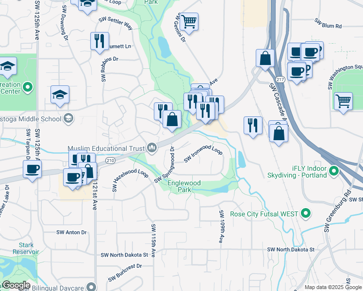 map of restaurants, bars, coffee shops, grocery stores, and more near 10960 Southwest Springwood Drive in Portland